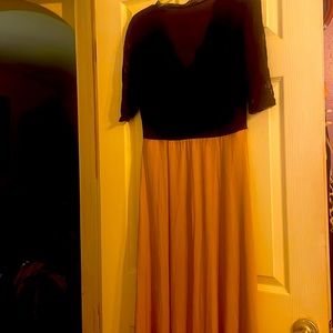 Long silk dress with black V-neck lace top